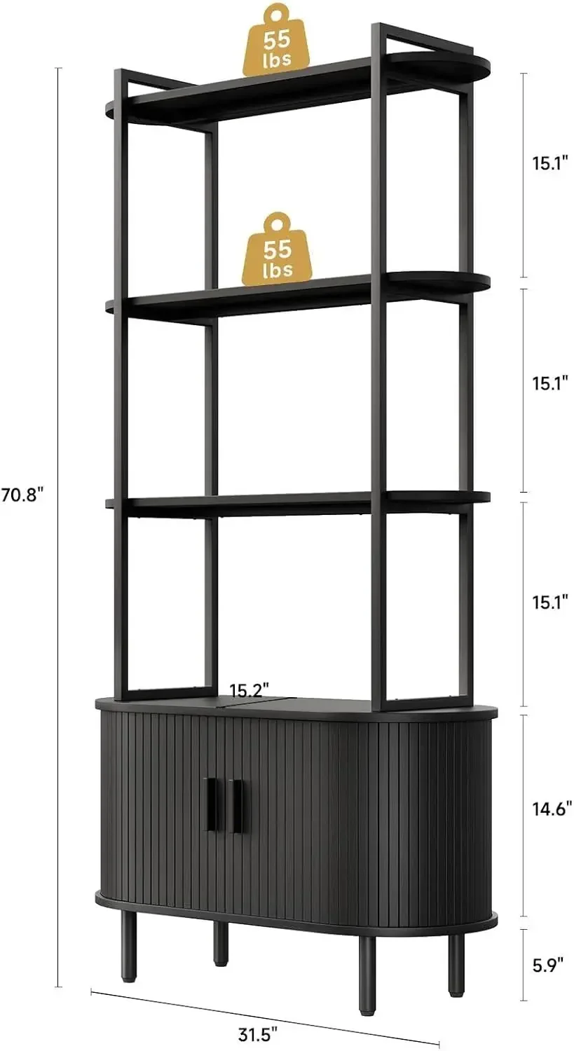Tall 5 Tier Bookcase Cabinet Sliding Door Fluted Metal Wood Display Shelf Free Standing Storage Shelving Unit Corner Organizer L