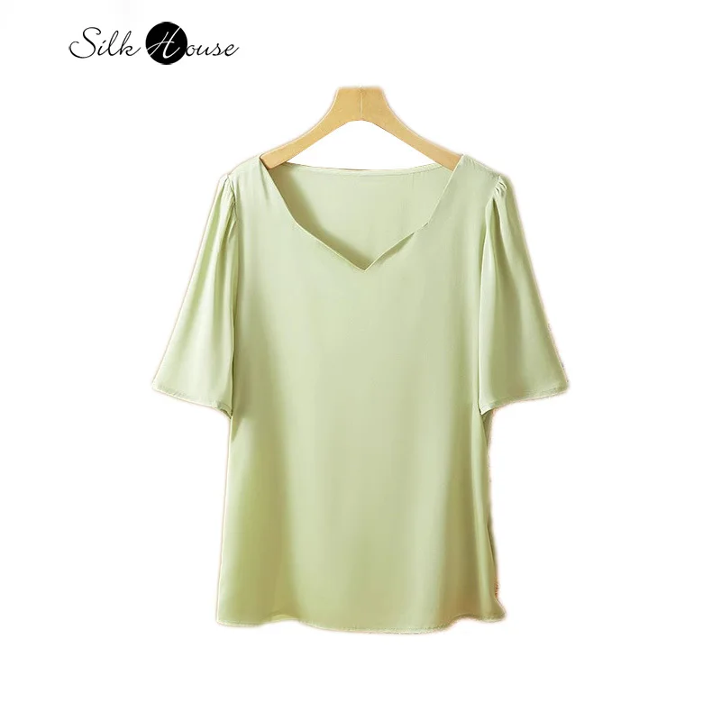 

2024 Women's Fashion Summer New 93% Natural Mulberry Silk Elastic Satin Design Sense Loose Light Green Short Sleeved T-shirt