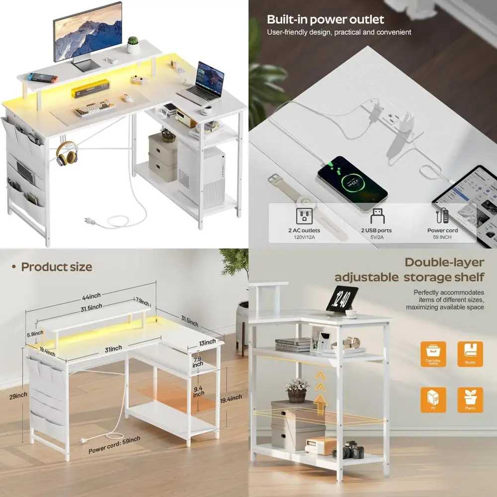 

44 Inch L-Shaped Gaming Computer Desk with LED Lights, Power Outlet, and Monitor Stand for Height Adjustment