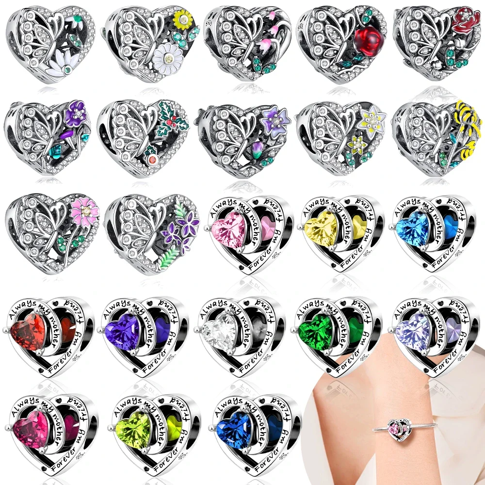 

Фиолетовые цветы, знаки зодиака, сердце, розовый циркон, двенадцать месяцев, оригинальные серебряные бусины 925, подходят для браслета, женский аксессуар для подарка своими руками