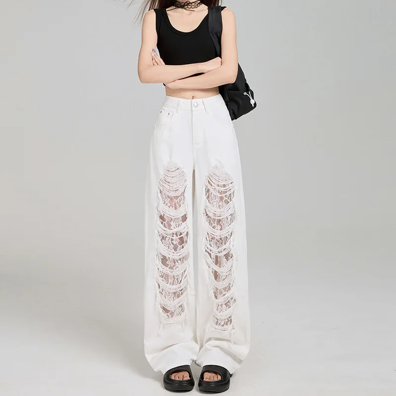 

Nicemix американские модные кружевные лоскутные прямые рваные джинсы для женщин летние белые тонкие свободные повседневные брюки с высокой талией