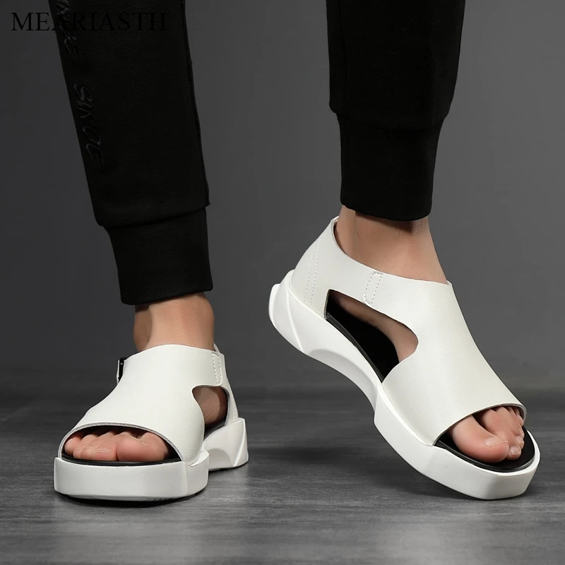 New White Black Cow Spilt Leather Men Sandals Platform Summer Roam Men Shoes Trendy Casual High Top Young Fashion Men Shoes