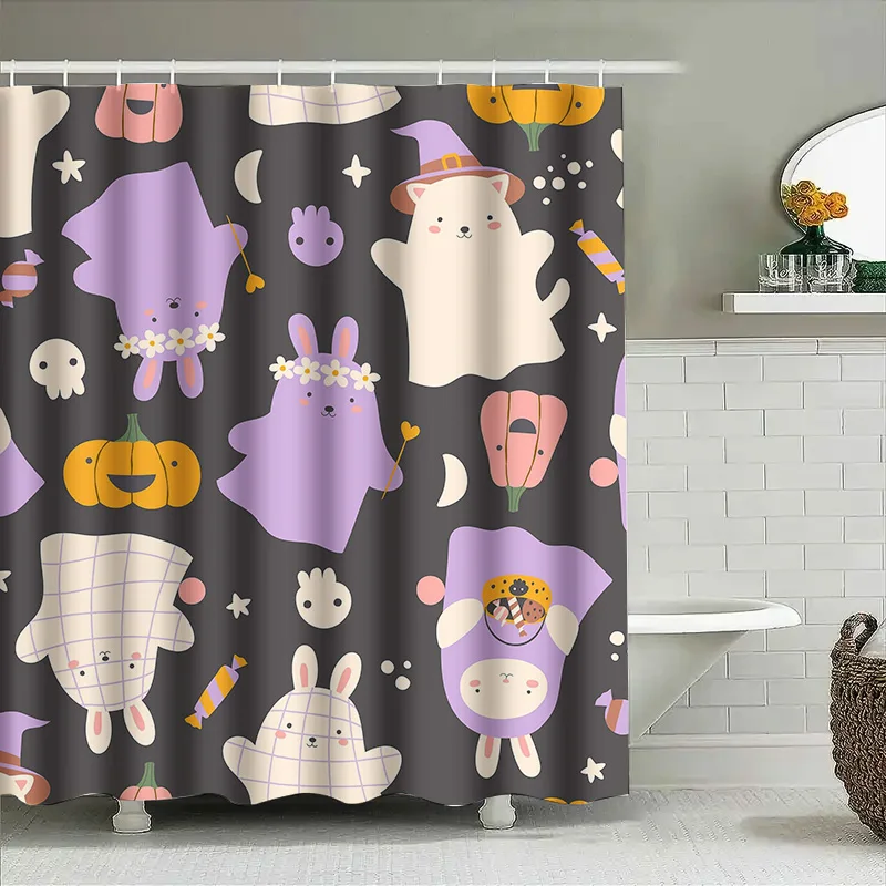 

1PCCute Halloween Cartoon Baby Shower Curtain for Nursery Girls Room Decorations Pastel Stars Moon Pumpkin