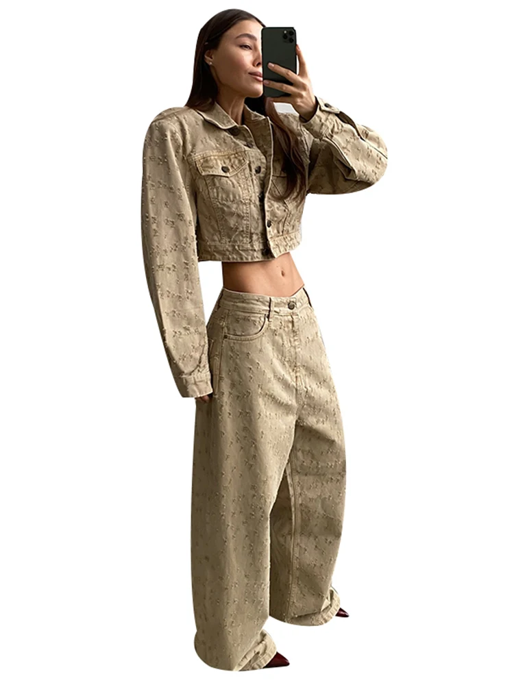 

Lapel Brushed Single Breasted Shirt Loose Straight Pants Denim Suit Woman Street Casual New Women's Solid Color Short Denim Sets