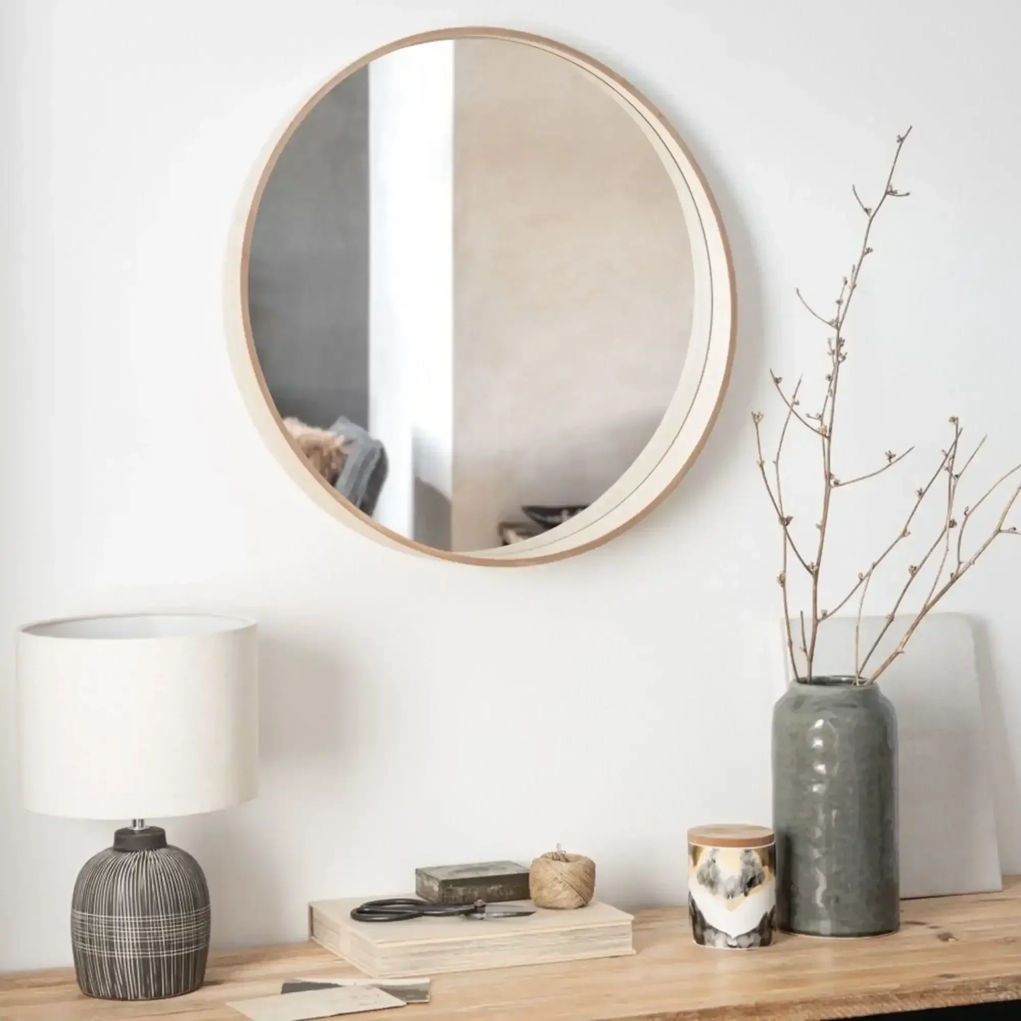 Decorative living room wash white wall hanging mirrors modern round solid wood frame wall mirror for bathroom