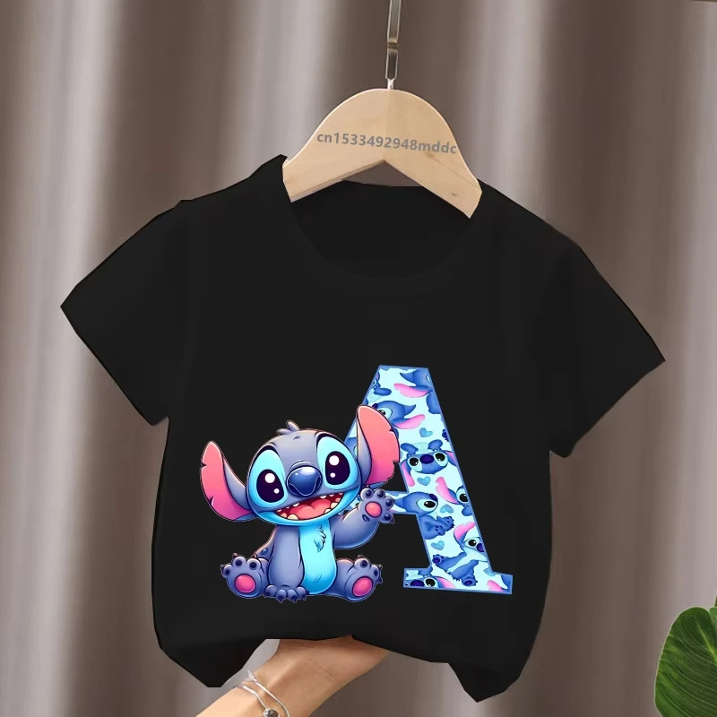 

Disney Cartoon Stitch Letter A B C Name Print Kids T-shirt Black Tshirt Children Tops Girls Clothes Baby Boys Black Short Sleeve