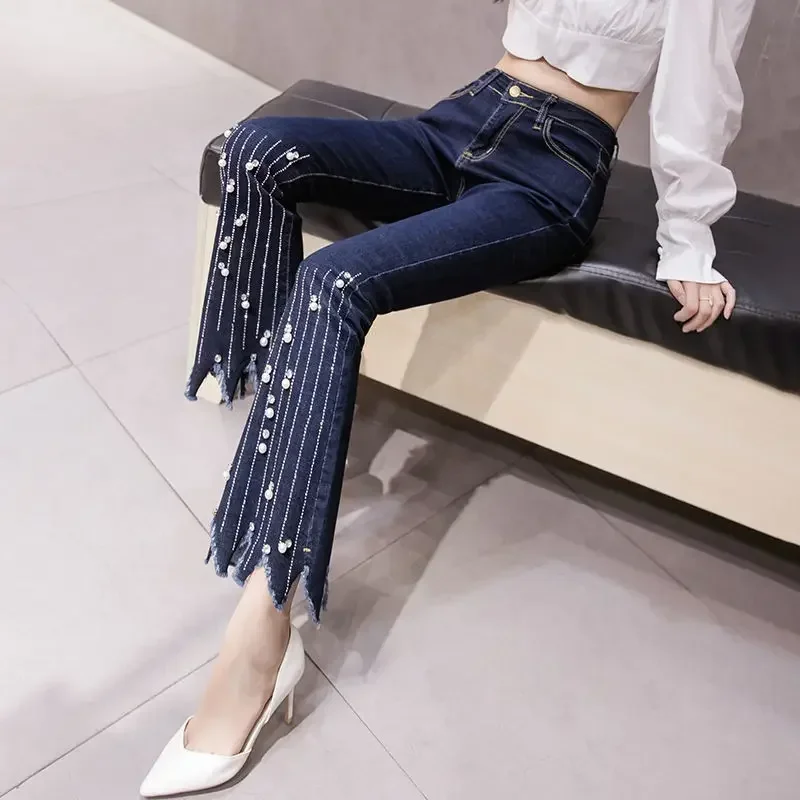 Flared Pipe Pants for Woman with Rhinestones Flare Blue Cropped Women's Jeans and Capris Bell Bottom Pockets Trousers Fitted A R