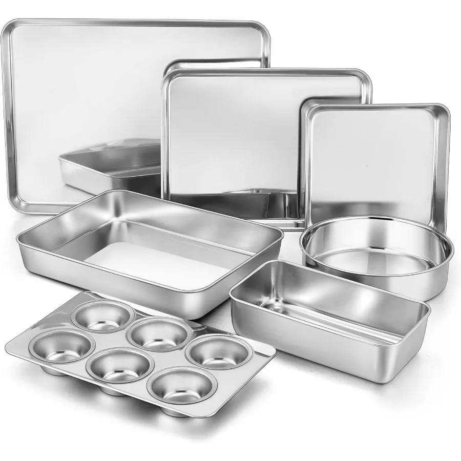 

TeamFar Bakeware Sets of 7 Stainless Steel Bakeware Sets for Oven Baking Sheet Toaster Oven Pan Square Round Cake Pan Muffin Pa
