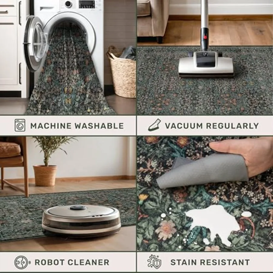 Washable Dark Green Rug for Living Room 9x12 Large Area Rug for Dining Room Under Table Bedroom Soft Low Pile NonSlip Stain Res