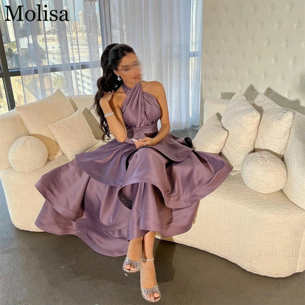 MOLISA Satin Tiered Formal Occasion Dresses 2024 Customized A-Line Halter Party Dress Backless Short Evening Gown فساتين الحفلات