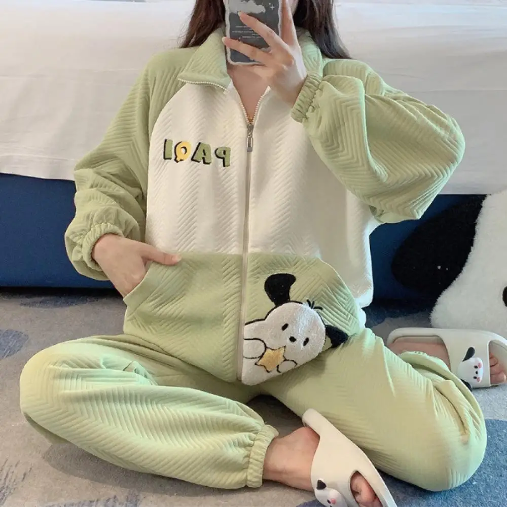 Cute Pochacco Plush Pajamas Suit Sanrioed Kawaii Cartoon Pompompurin Homewear Autumn Winter Zipper Loose Air Cotton Nightwear