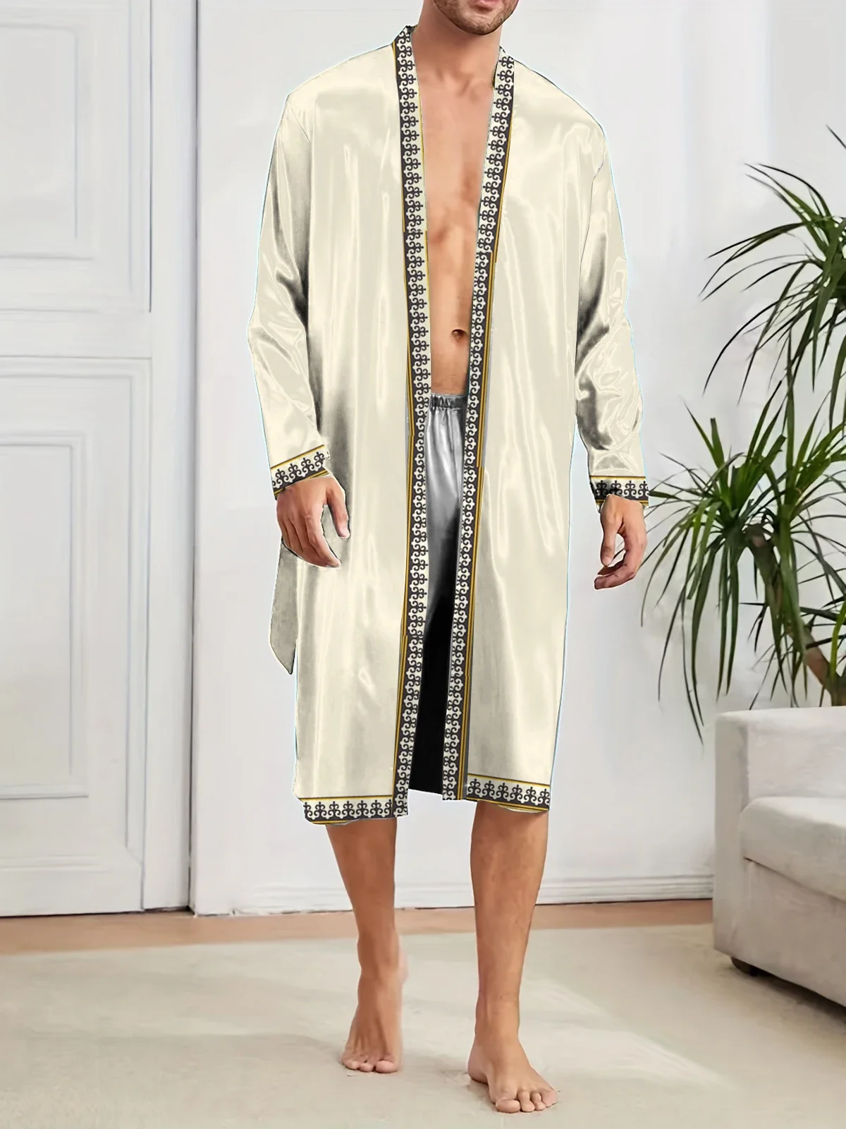 

2025 New men's nightgown sleepwear long sleeved bathrobe solid color thin design skin friendly home wear spring autumn Robes man