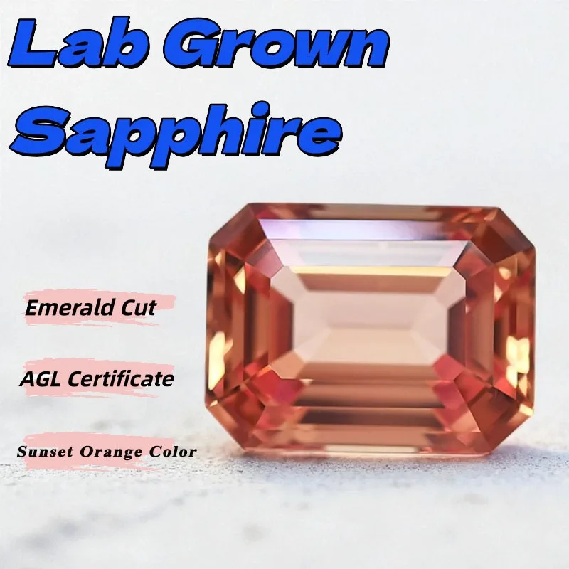 

Lab Grown Sapphire Emerald Cut Sunset Orange Color DIY Jewelry Making Ring Necklace Main Materials Selectable AGL Certificate