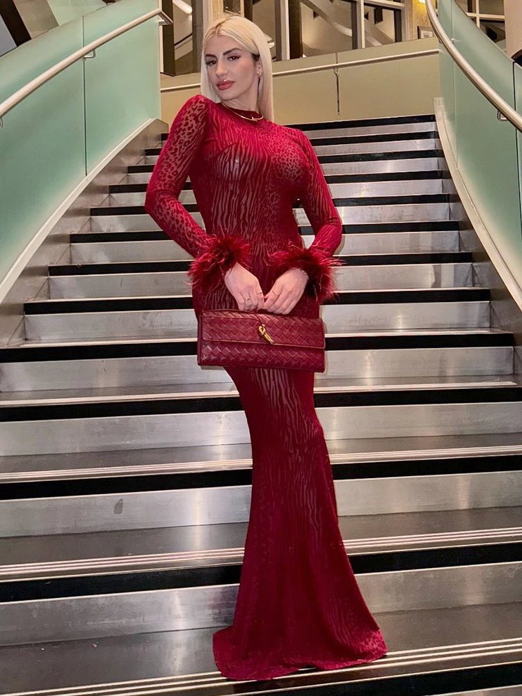 VC Burgundy Backless  Long Dress Leopard Sheath O-Neck See Through Feather Embellished Elegant Celebrity Club Party Evening Gown