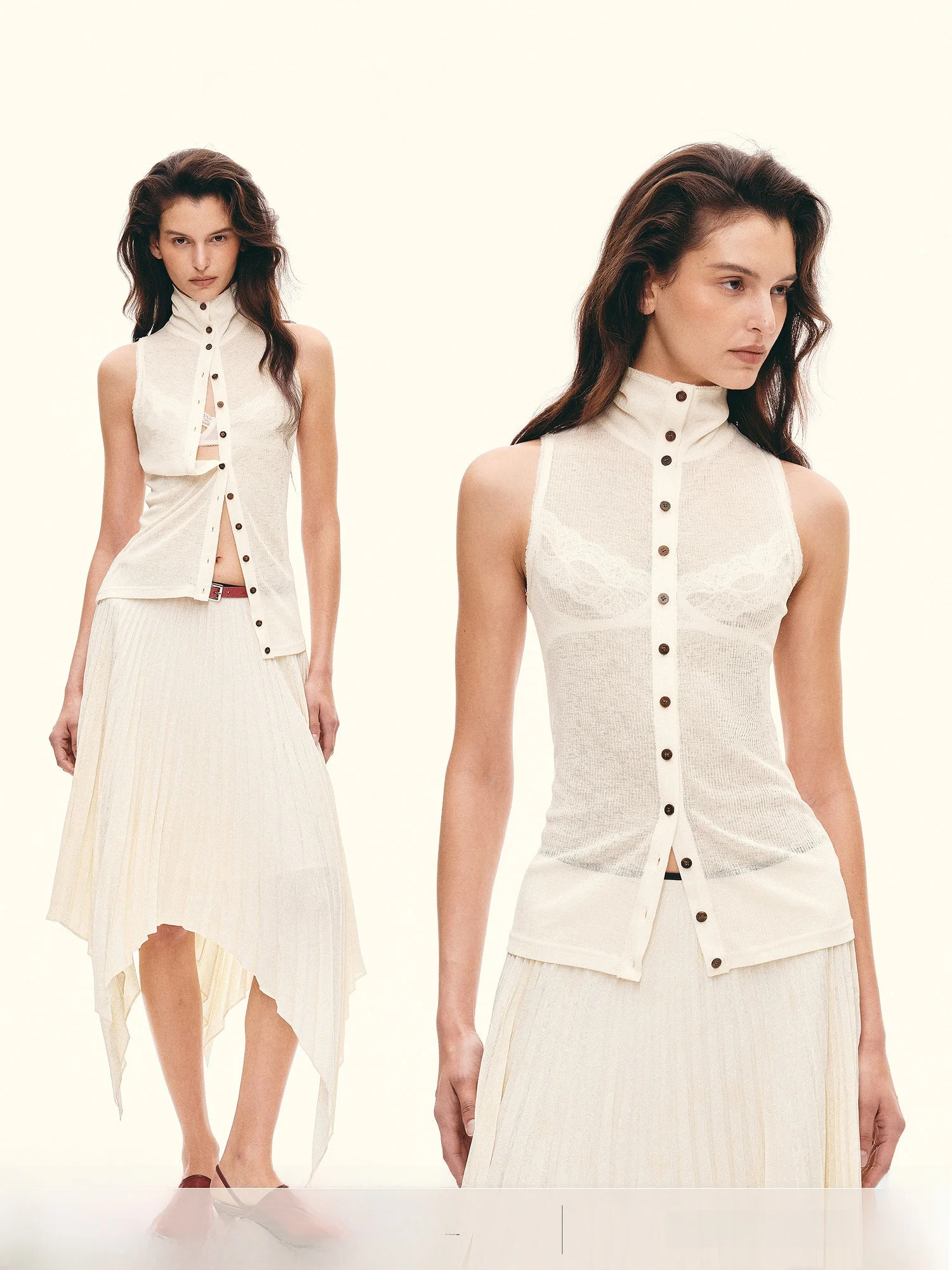 

ZhiEn Fu Button Narrative Vertical Pit Stripe Knitted Texture One Collar Two Wear Slim Fit Sleeveless Knitted Vest Top for Women