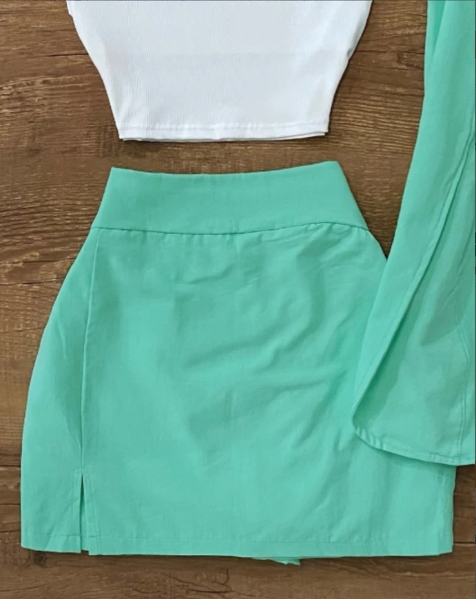 3-delige outfits, pakken, tanktop met ronde hals en mouwloos vest en minirokken