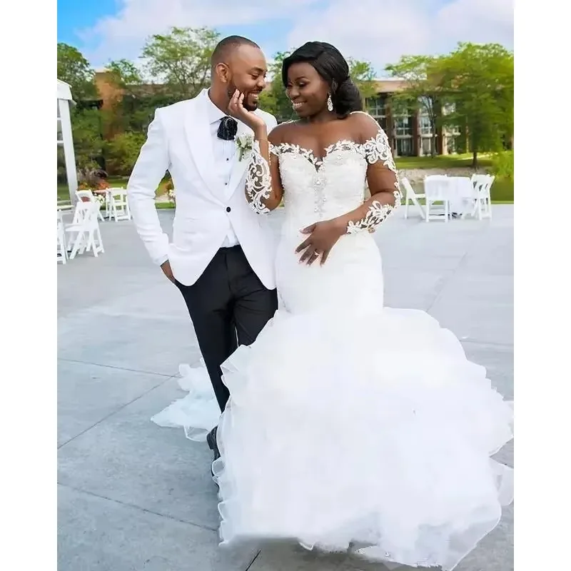 تخصيص طويلة الأكمام الدانتيل حورية البحر فساتين الزفاف مغرفة تول زين قطار الاجتياح أثواب الزفاف