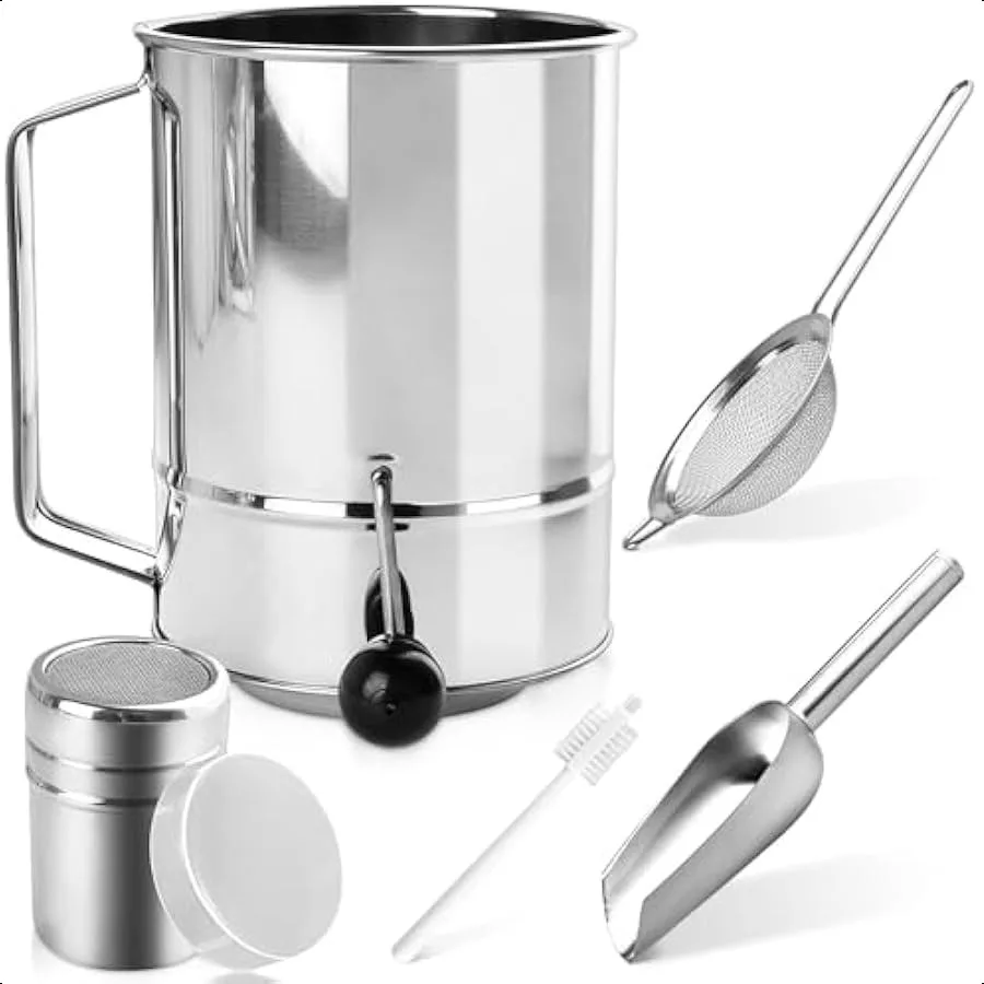 

Набор сито для муки 5 в 1, 5-чашковый сито для муки из нержавеющей стали с шейкером для порошкового сахара, сетчатый фильтр, металлический совок для очистки