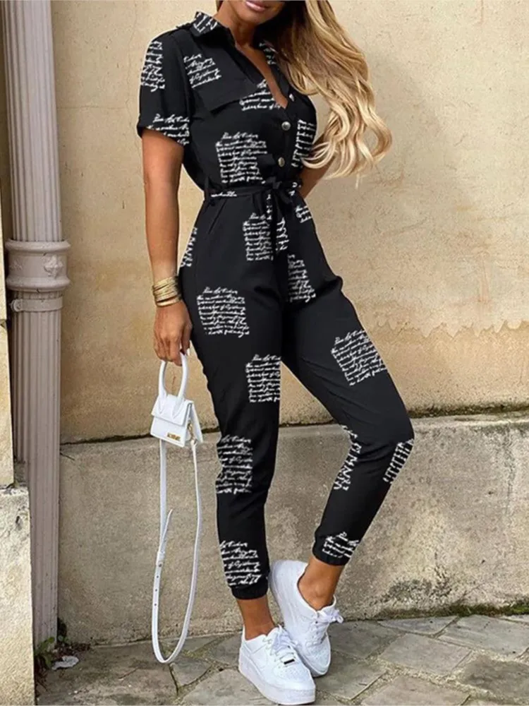 Summer Women\'s New Fashion Flip Collar Button Print Belt Lace Up Work Dress Casual Capris Jumpsuit Office