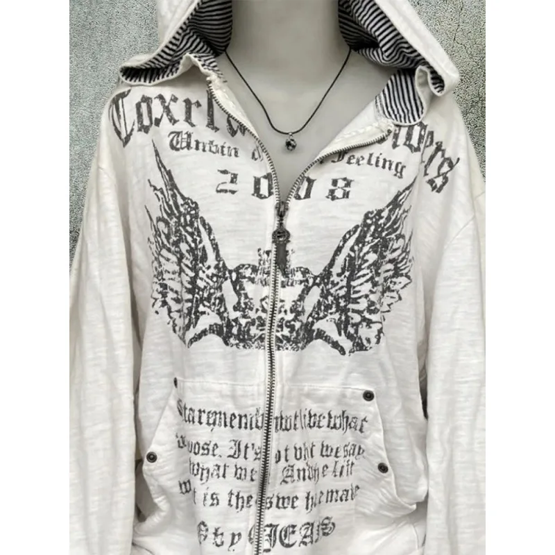 Autumn Grunge Print Slim Waist Y2k Hoodies Hooded Zip Up Sweatshirts Vintage Women Clothing Fashion Gothic Streetwear Coats