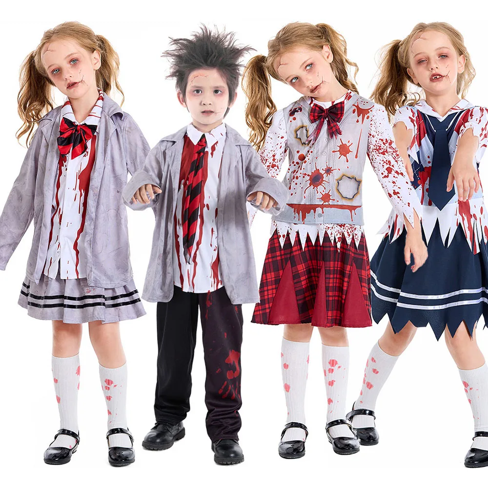 Girls Zombie School Costume Uniform Child Vampire Costume Outfits Scary Halloween Costume for Kids Zombie School Boy Outfits