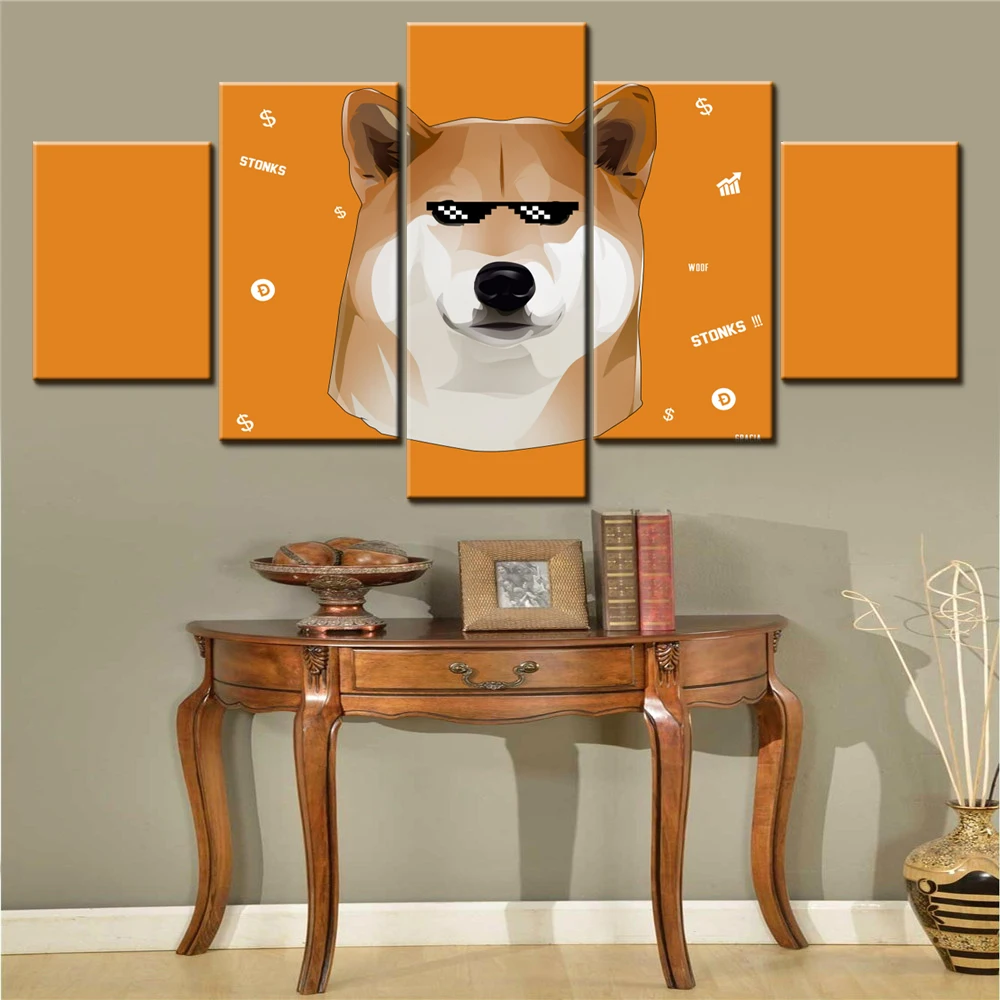 

5 Pieces Canvas Wall Arts Poster Painting Technology Dogecoin Meme Wallpaper Interior Home Decor Picture Printing Artwork Mural