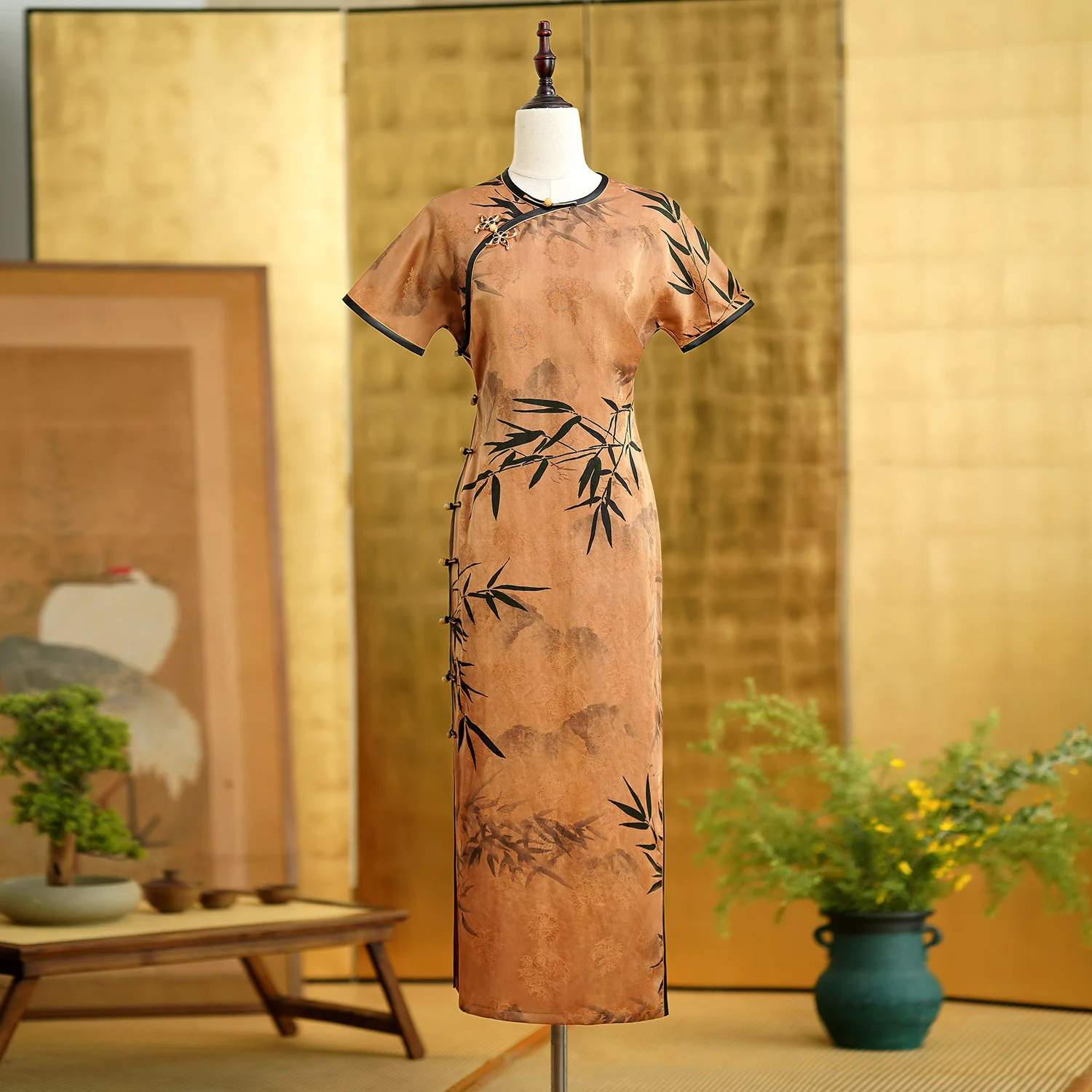 New Xiangyun Yarn Heavy High Quality Real Silk Vintage Cheongsam Qipao Women's Clothing Dress Collarless Ink Bamboo Daily