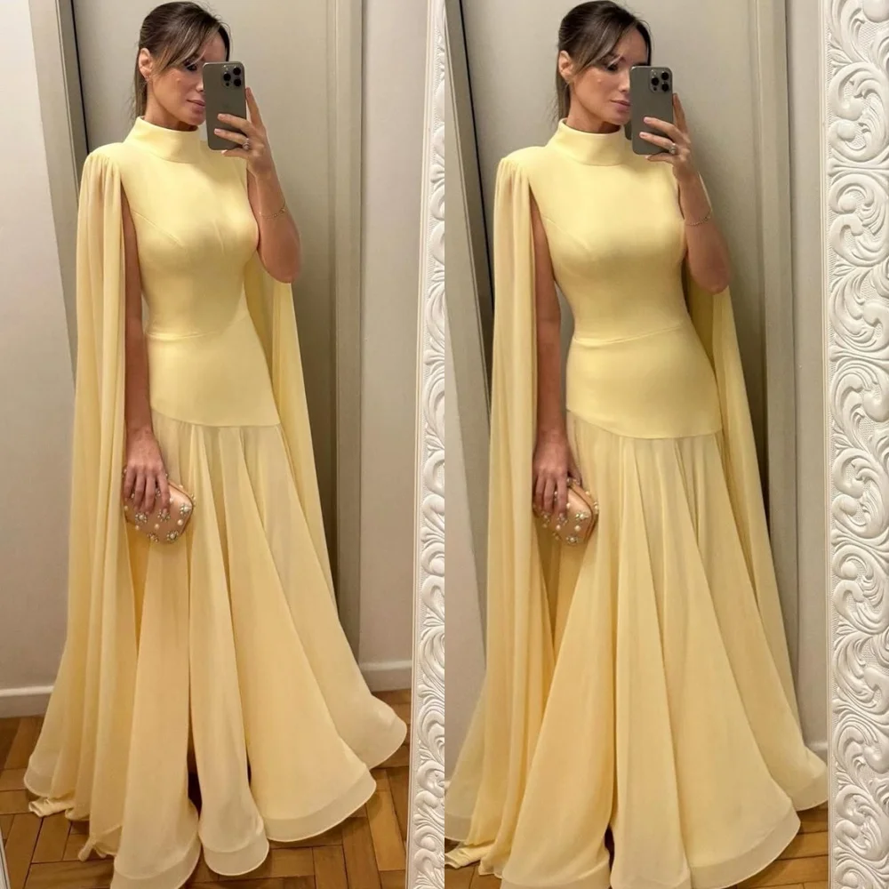 ที่กําหนดเองอารมณ์สีเหลืองชีฟองชุดราตรีประณีตคอสูงริบบิ้นแขนกุดซิปด้านหลังชุดพิเศษ