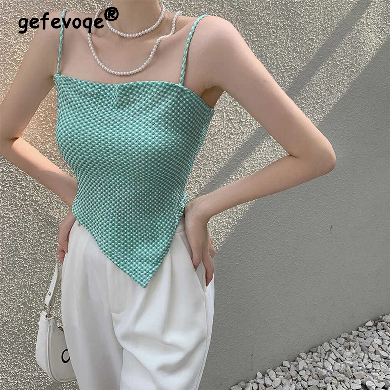 

Summer Women Sexy Backless Spaghetti Strap Crop Tank Top Y2K Streetwear E Girl Asymmetrical Camisole Sweet Chic Kawaii Vest Ropa