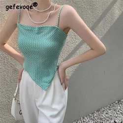 Summer Women Sexy Backless Spaghetti Strap Crop Tank Top Y2K Streetwear E Girl Asymmetrical Camisole Sweet Chic Kawaii Vest Ropa