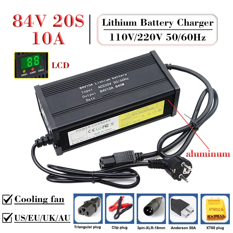 

84V 10A Lithium Battery Charger LCD display 110/220V 840W High power 20S 72V Battery Pack Fast Charger With Fan Aluminum Shell