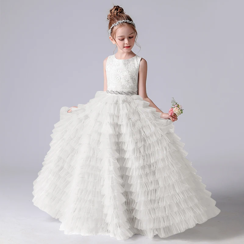 Flower Girl Dresses Gray Tulle Appliques Tiered Long Skirt Sleeveless For Wedding Birthday Party Banquet Princess Gowns