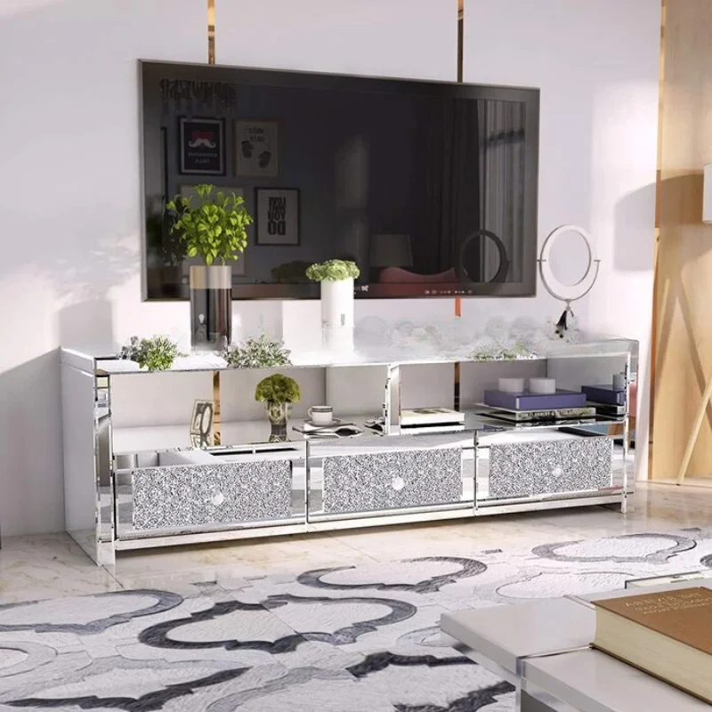 Modern 3 Drawer Mirrored Crystal Stand Silver TV Console Table Cabinet For Living Room Hotel Furniture