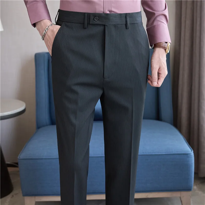 Men Pinstripe Suit Pants 2024 Autumn New Casual Straight Formal Dress Pants Elastic Slim Fit Trousers Wedding Party Men Clothing