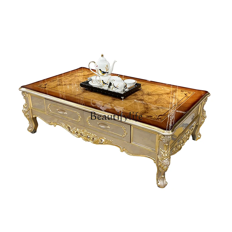 

French solid wood coffee table, European luxury carved villa small apartment tea table living room home
