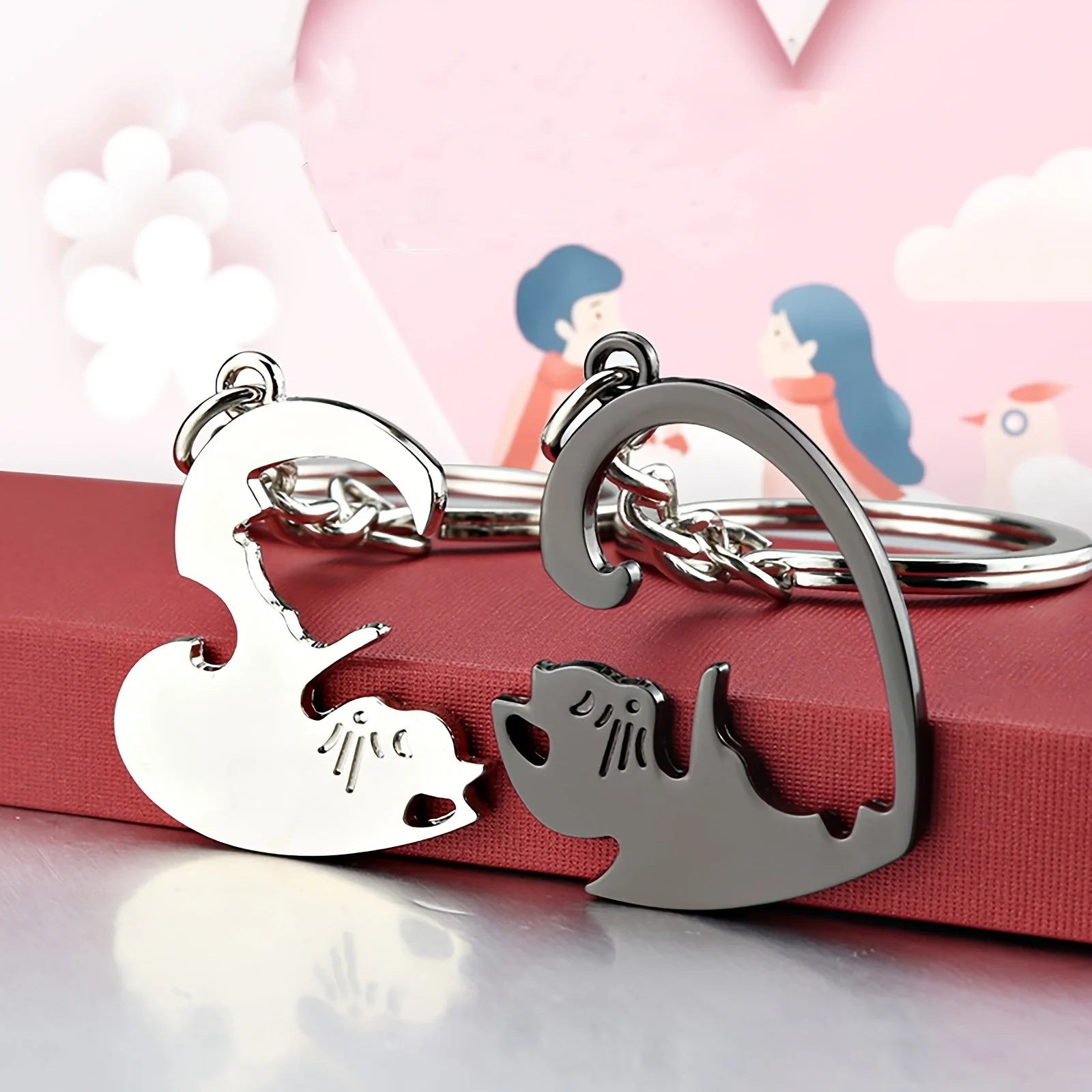 Interlocking Cat Heart Matching Couple Keychains Black Silver Split Puzzle Key Ring Romantic Distance Lover Gift Cute Animal Bag Key Pendant For Women Men image 8