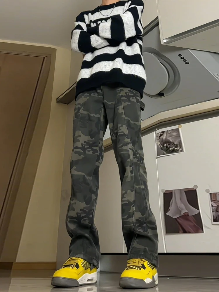 Retro American Camouflage Pants Men's Autumn Winter Fce Lined Straight Leg High Waist Jeans Wood Cutting Casual Pants