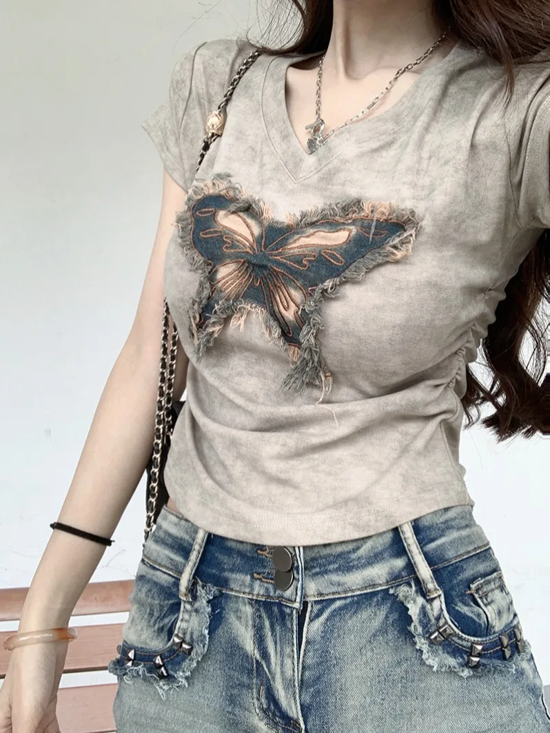 

Американская футболка с коротким рукавом и принтом тай-дай, женская летняя модель, уникальный дизайн Pure Desire BM, топ с открытыми плечами для стильных девушек