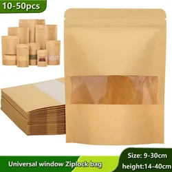 10-50 Transparents Window Kraft Paper Bag Food Packaging Bag Kraft Paper Self-supporting and Self Sealing Bag Snack Sealing Bag