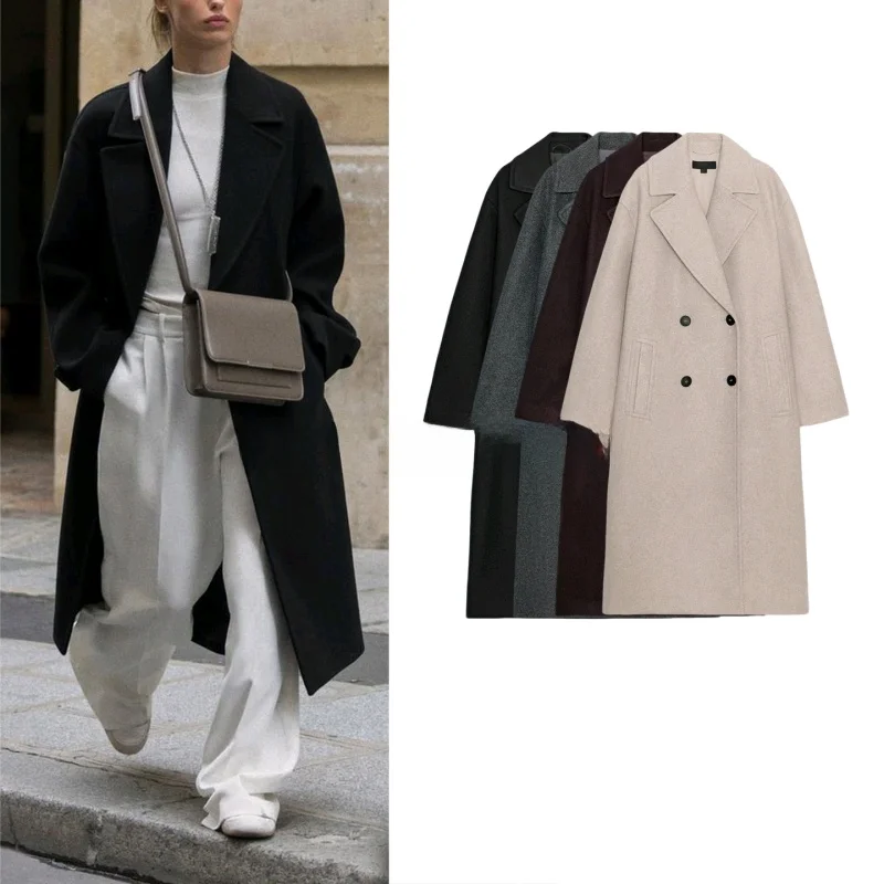 

Новое осеннее женское свободное длинное пальто с двубортным воротником Sve, верхняя одежда из мягкого полиэфирного волокна Ele Faionable 30298