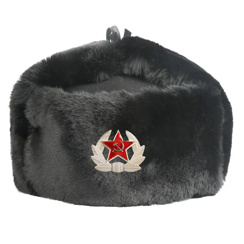 SupSindy Soviet Badge Ushanka Men Winter Bomber Hats CCCP Pilot Faux Rabbit Fur Earflap Army Trapper Trooper Hat Russia Snow Cap