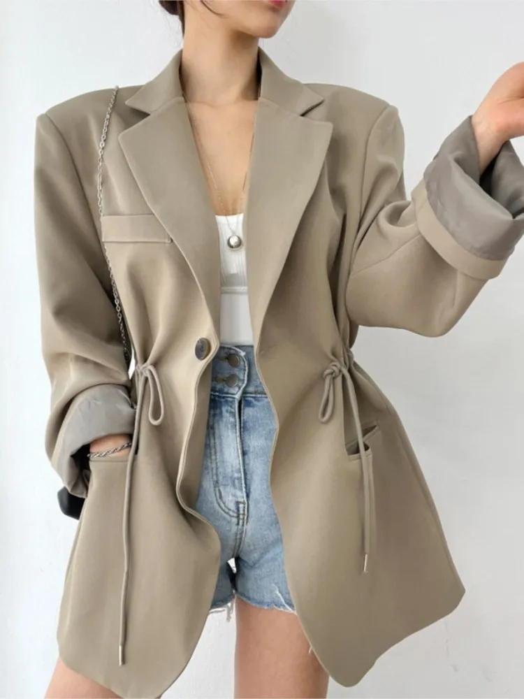 Elegant Retro Blazers Women Autumn Spring 2025 New Fashion Loose Drawstring Tie Chic Suit Coat Notched Collar Office Lady Jacket