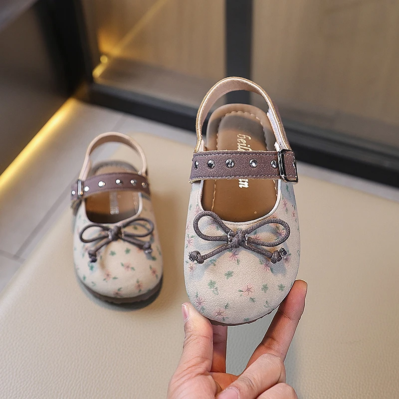 

Girl's Mary Janes Floral Pink Black Shallow Breathable Kids Princess Shoe Bowknot Beautiful Soft Sole Children Flat Shoe 23-34