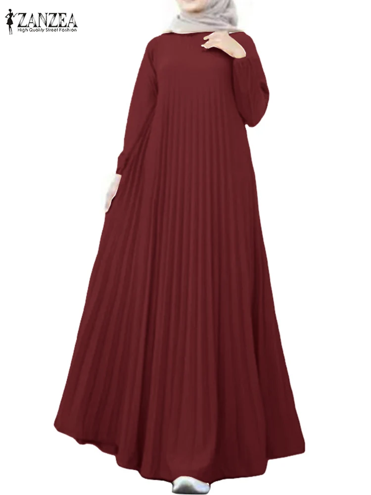 Eid Mubarek Muslim Abaya Dress ZANZEA Women Solid Pleated Sundress Spring Elegant Long Sleeve IsIamic Robe Turkey Dubai Vestidos