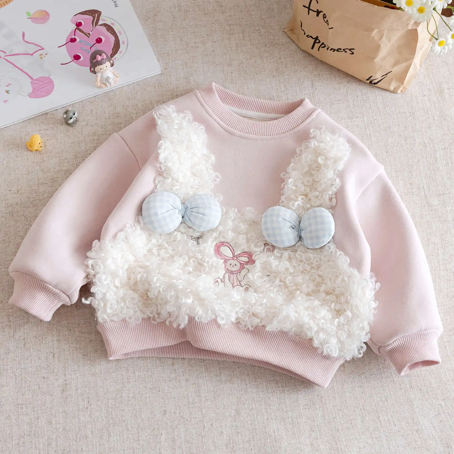 الكورية الشتاء طفل رضيع الفتيات هوديس أرنب القوس ليتل طفل الفتيات البلوز سميكة الدافئة الصوف تقسم الرضع الفتيات البلوفرات #1