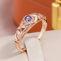 JULYDREAM Purple Zircon Hollow Texture Design 585 Gold Color Rings for Women Elegant Wedding Jewelry Party Match Accessories