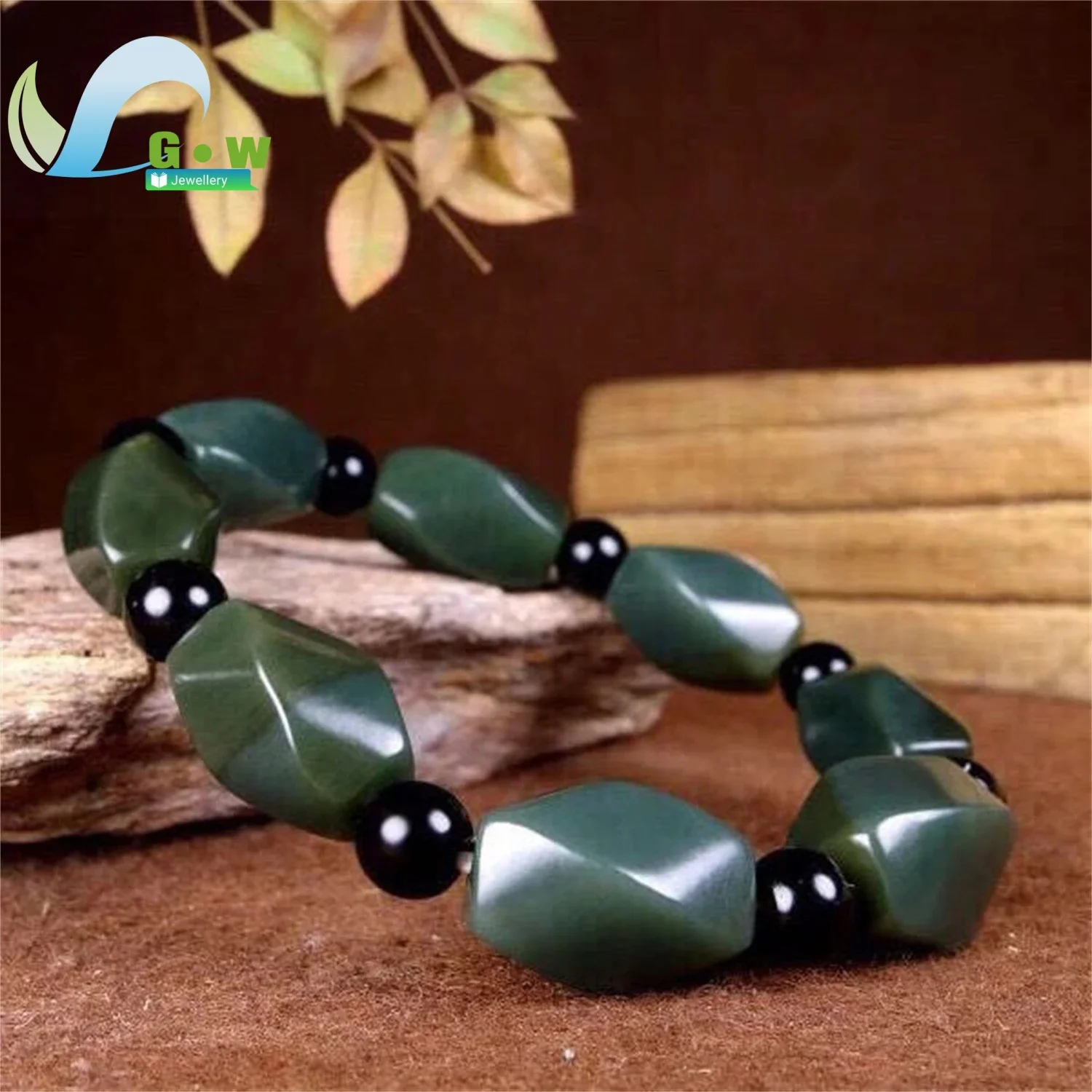 Trendy Design Hetian Jade Passepartout Bracelet Men Women Dark Green Transfer Black Round Beads Bracelets Female Male Jewelry