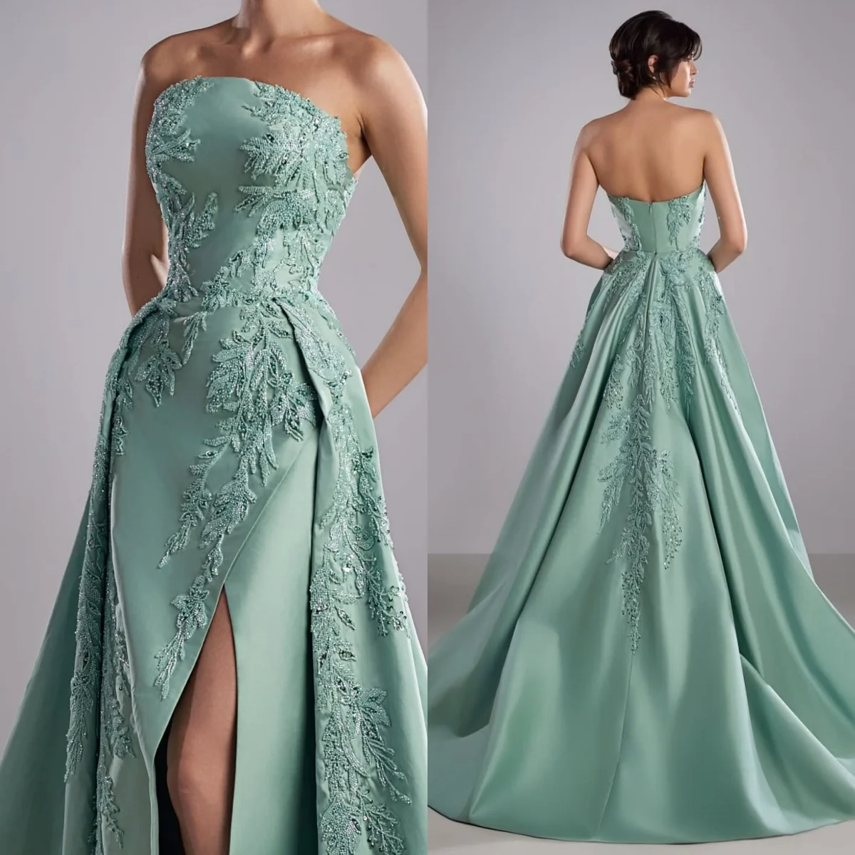 Vestido de novia sin tirantes con abertura frontal personalizado, verde, de alta calidad, encantador, para fiesta nupcial, vestidos para ocasiones a medida, bordado de satén