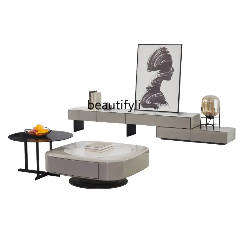 Coffee Table TV Cabinet Stone Plate Stretchable Floor Cabinet Italian Minimalist Living Room Home Tempered Glass furniture