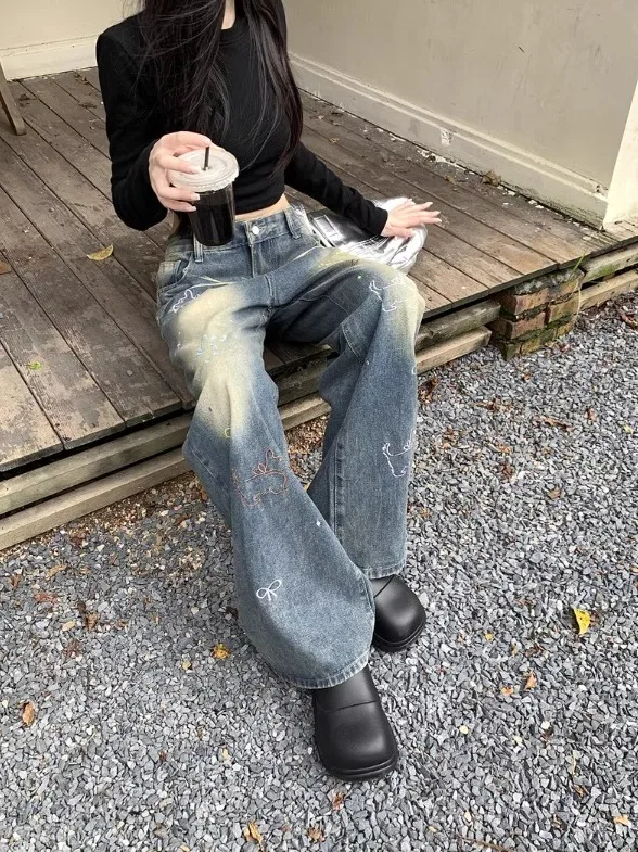 Celana Wanita Jeans Baggy Bahan Tekstur Berkualitas Tinggi Terasa Nyaman untuk Wanita Fashion Panjang Kasual Awet Dipakai